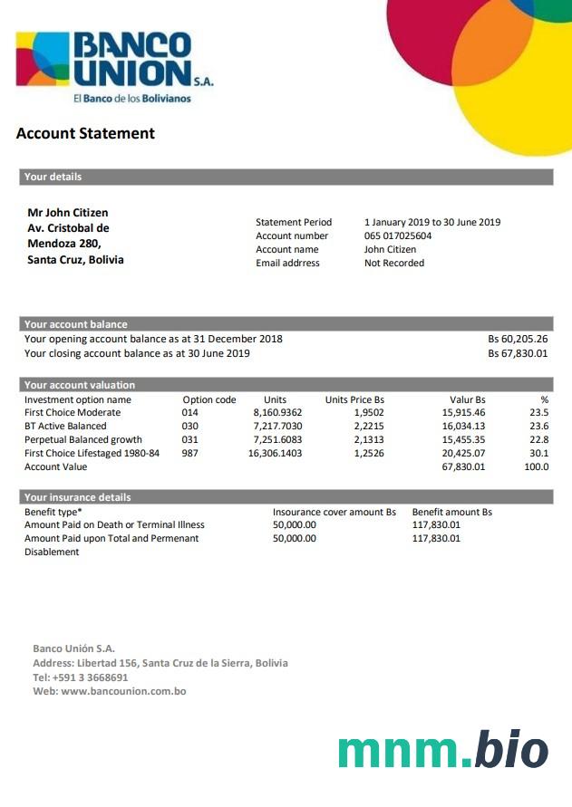 Wyciąg bankowy Boliwia Banco Union łatwy do wypełnienia szablon w formacie Excel i PDF (AutoSum)